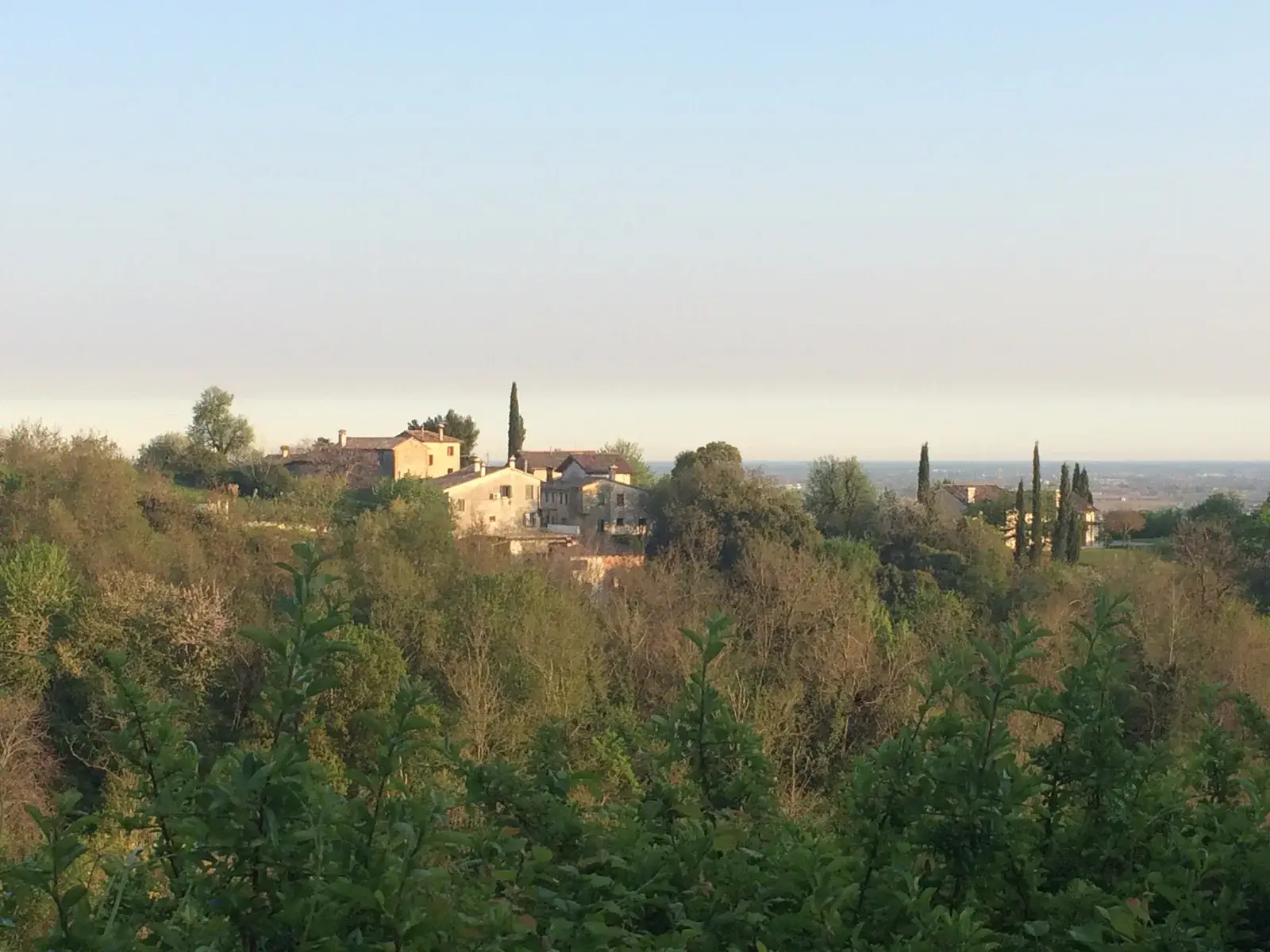 I colli asolani al tramonto, con la foschia fra le dorsali