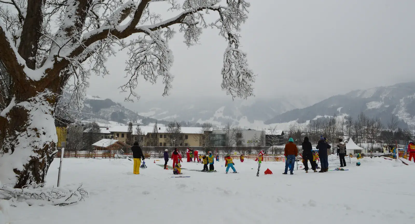 Bambini a lezione di sci su un campo scuola con pendenza dolce