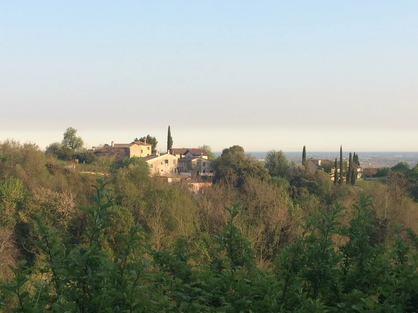I colli asolani al tramonto, con la foschia fra le dorsali