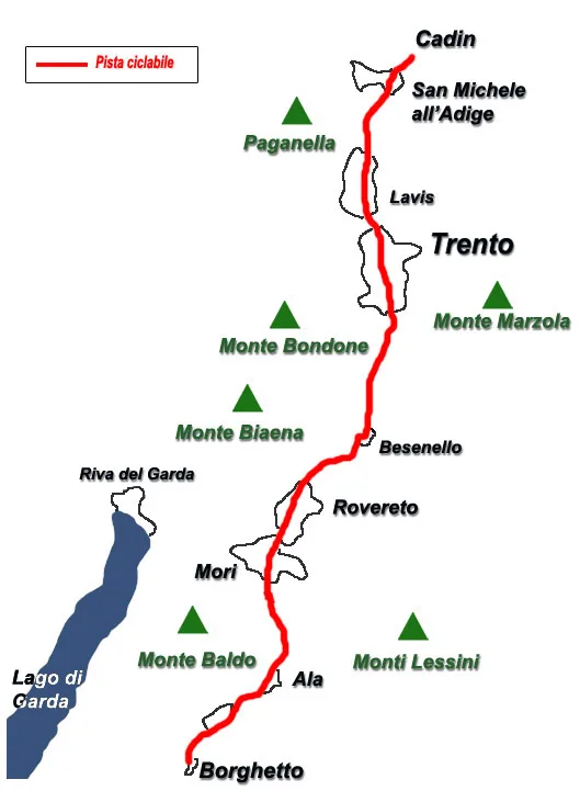 Mappa schematica del percorso ciclabile della Valle dell’Adige
