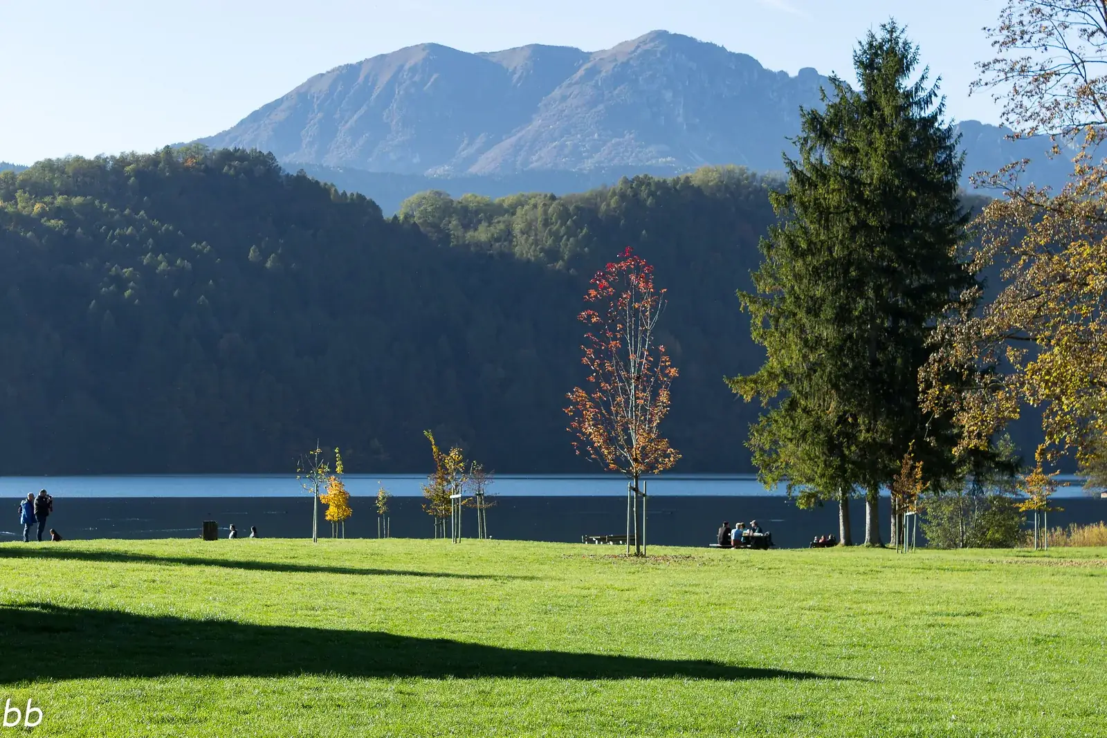 Il parco erboso sulla riva del Lago di Levico con alberi autunnali e persone sedute